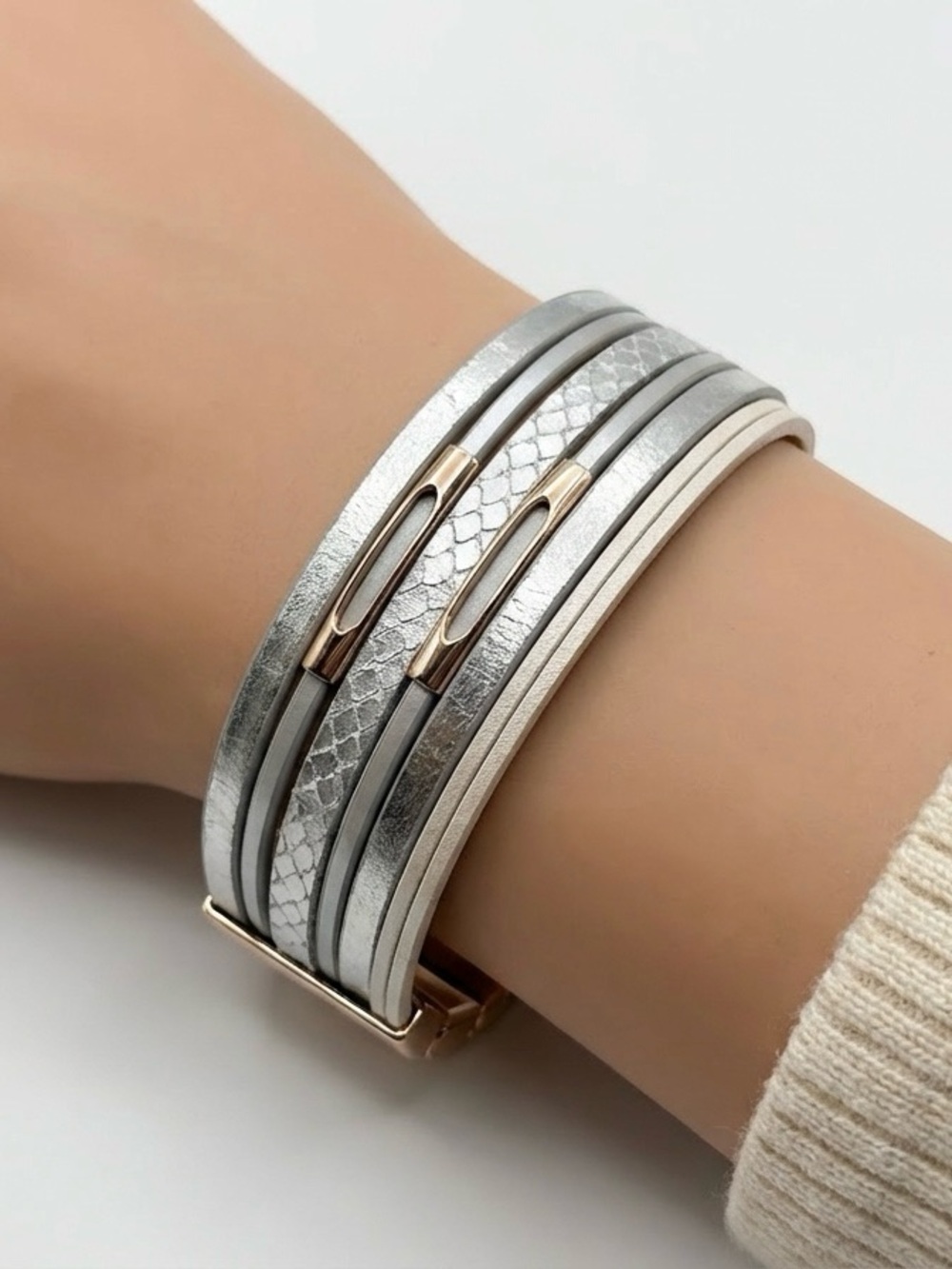 Silver Leather & Gold Metal Wrap Bracelet • Mixed Metal Layered Multi-Strand